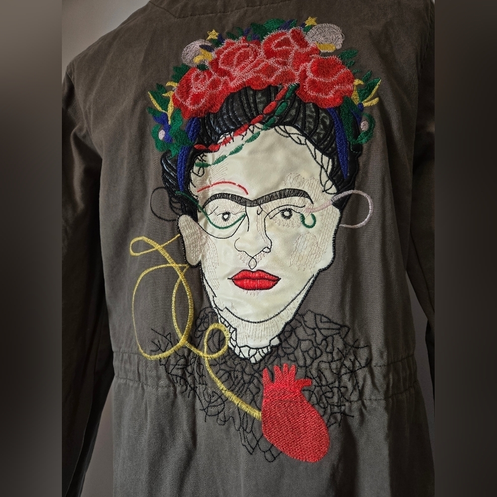 GESVAGES Premium Collection Frida Kahlo Embroidered Olive Green Jacket. Size Med - Picture 8 of 15